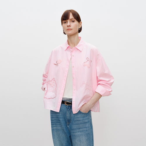 Openwork Cat Embroidery Shirt