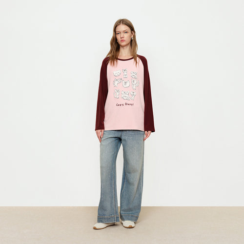 Cute Cat Diary Color Blocked Tee Shirt