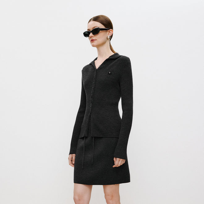 Dark Grey Fitted Stand-Collar Cardigan