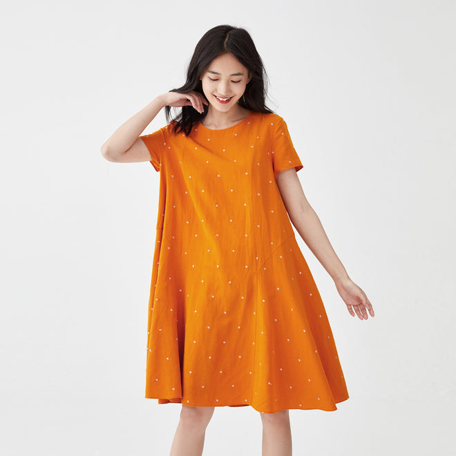 Crisp Hemp Polka Dot Embroidered Dress