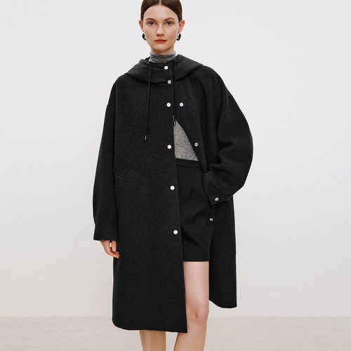 Dark Chocolate Poster Hooded Double-Faced Wool Coat