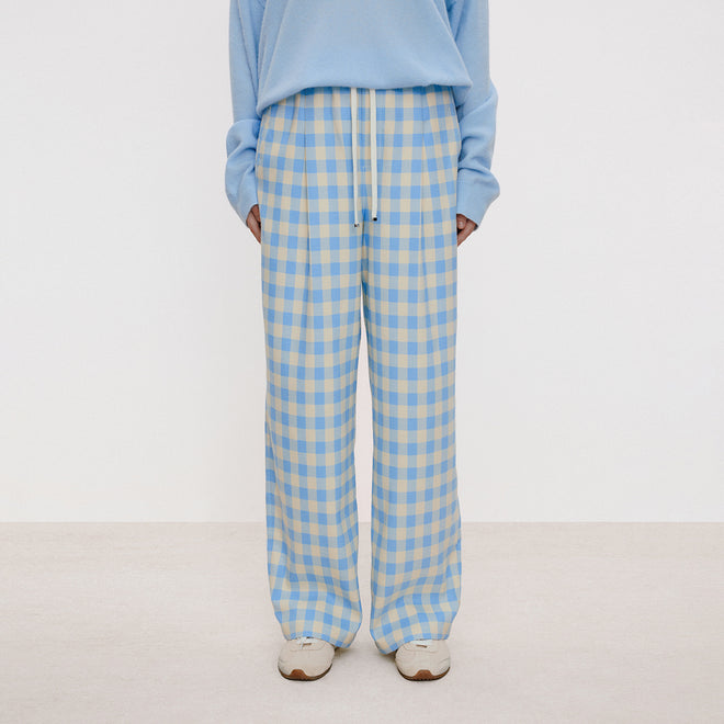 Blue & White Plaid Pleated Pants