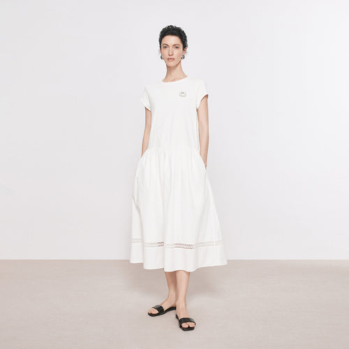 Puff White Knit & Woven Patchwork Dress