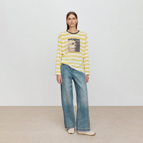 Yellow & White Striped Relaxed Shirt with Yorkie Print