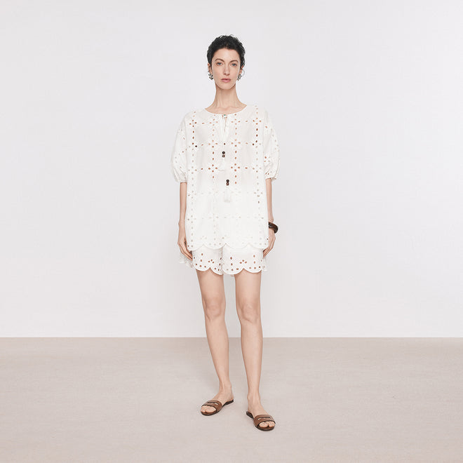 Vacation Style Openwork Embroidered Blouse