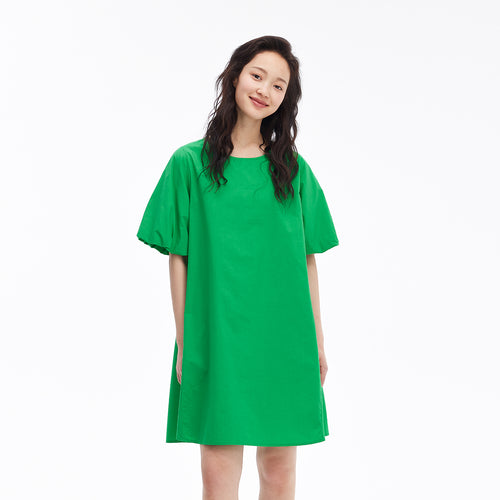 Simple Bubble Sleeve Dress-Emerald Green