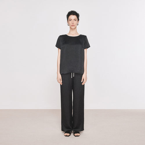 Contrast-Waist Subtle Wrinkle Acetate Pants