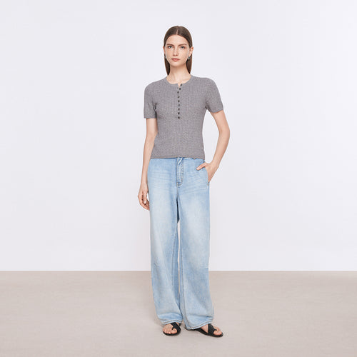 Vintage Cable Knit Cotton Top-Gray