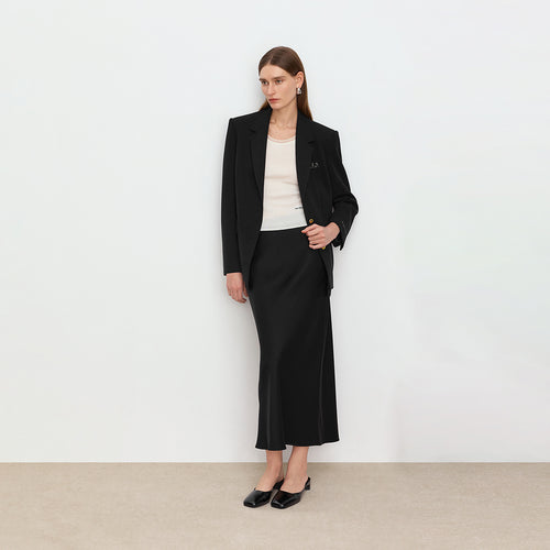 Midnight Black Blazer with Rhinestone Logo & Satin Trim