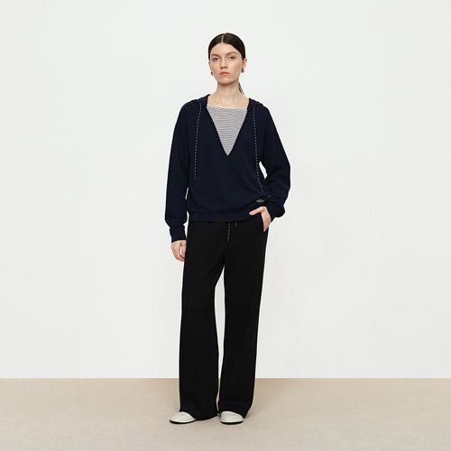 Decorative Thread Glutinous Rice Pants - Navy Blue