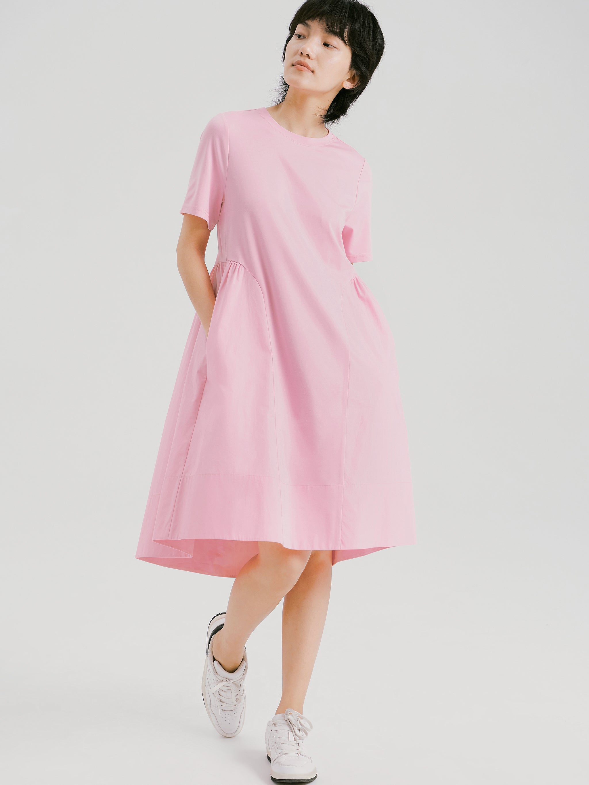 Simple Casual Beige Asymmetrical Cotton Dress - Belles Couture LLP