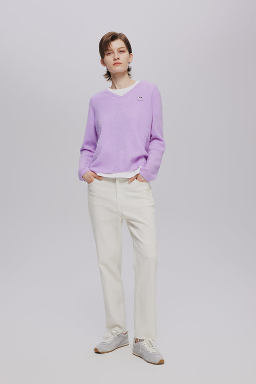 Light Purple V-Neck Meow Meow Sweater