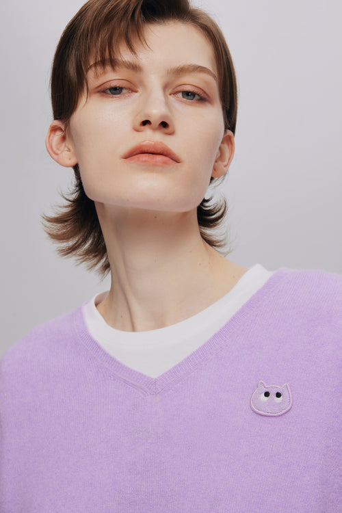 Light Purple V-Neck Meow Meow Sweater