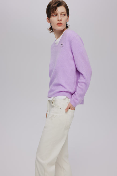 Light Purple V-Neck Meow Meow Sweater