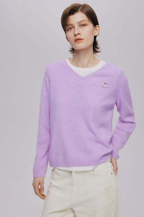 Light Purple V-Neck Meow Meow Sweater