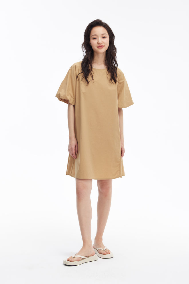Simple Bubble Sleeve Dress-Khaki