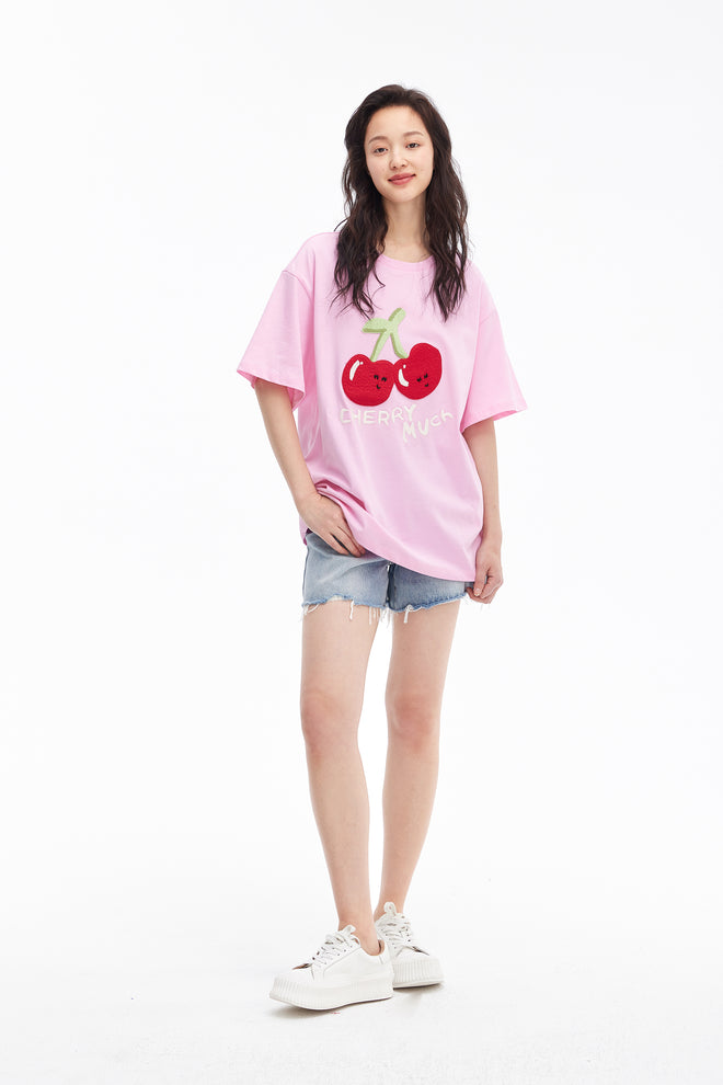 Cherry Hand-Embroidered Tee-Pink