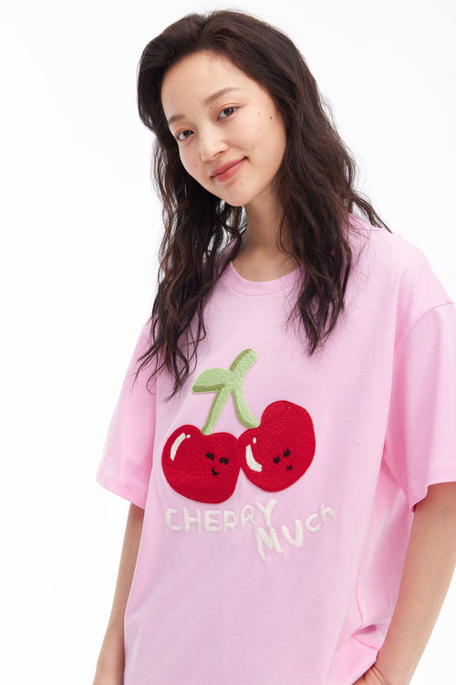 Cherry Hand-Embroidered Tee-Pink