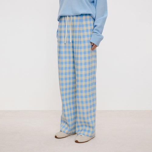 Blue & White Plaid Pleated Pants