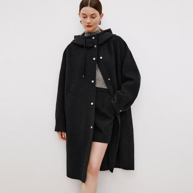 Dark Chocolate Poster Hooded Double-Faced Wool Coat
