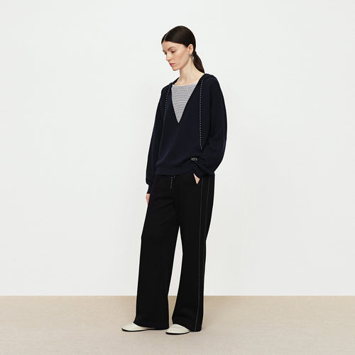 Decorative Thread Glutinous Rice Pants - Navy Blue