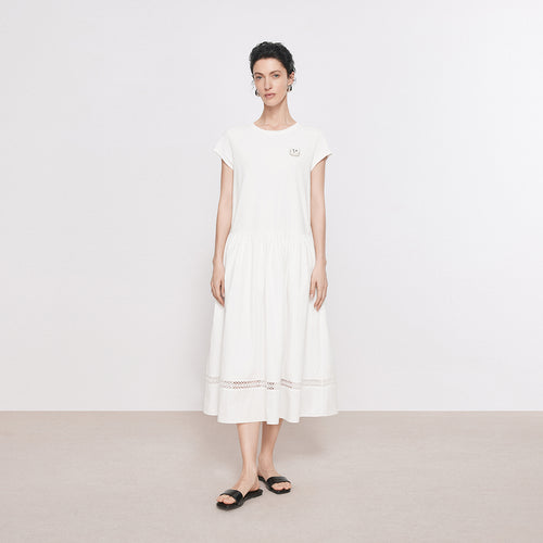 Puff White Knit & Woven Patchwork Dress