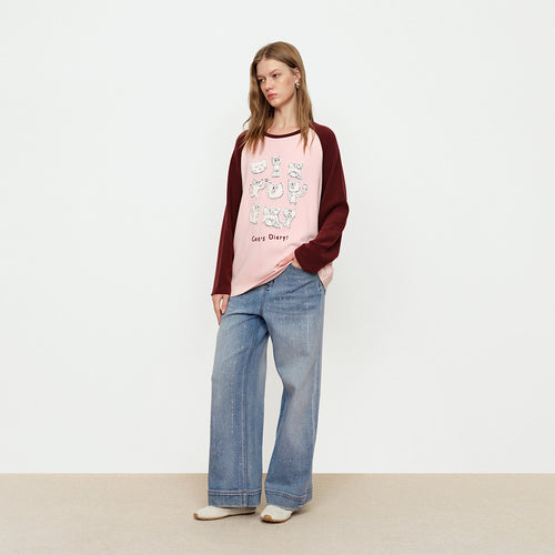 Cute Cat Diary Color Blocked Tee Shirt