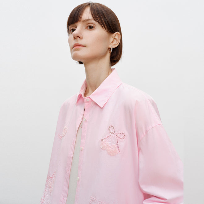 Openwork Cat Embroidery Shirt