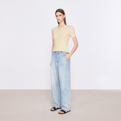 Vintage Cable Knit Cotton Top-Yellow