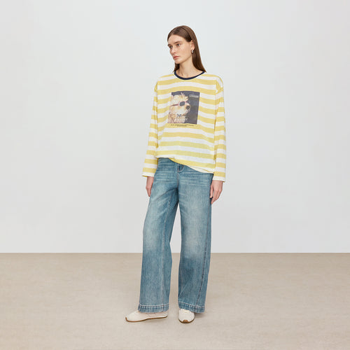 Yellow & White Striped Relaxed Shirt with Yorkie Print