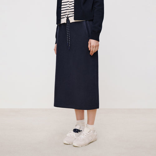 Navy Fleece Slit Maxi Skirt