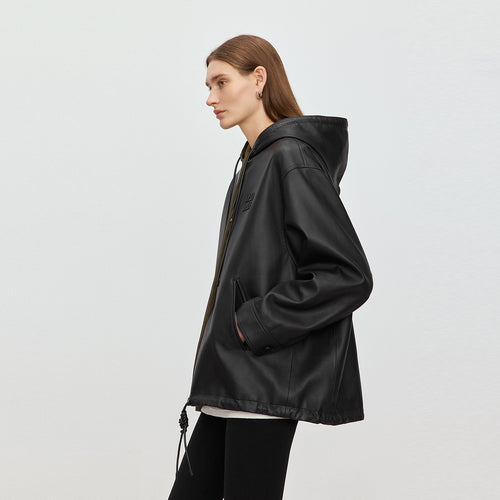 Classic Black Hooded Leather Jacket