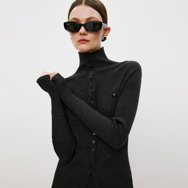 Dark Grey Fitted Stand-Collar Cardigan