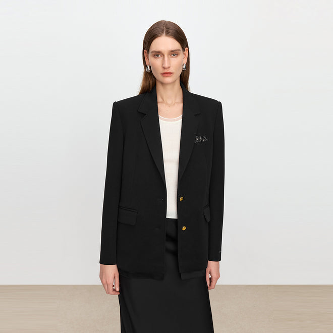 Midnight Black Blazer with Rhinestone Logo & Satin Trim