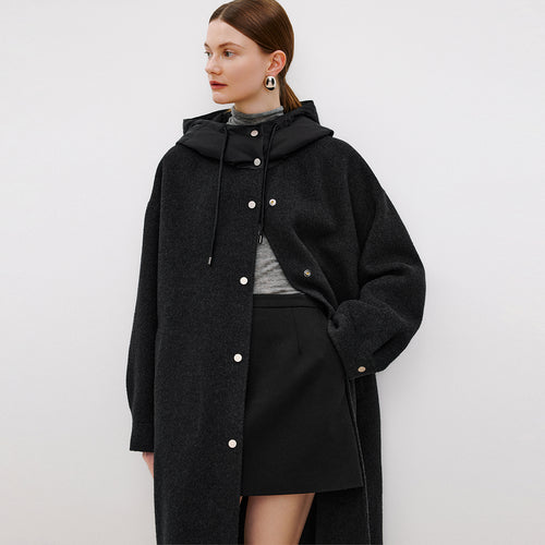 Dark Chocolate Poster Hooded Double-Faced Wool Coat