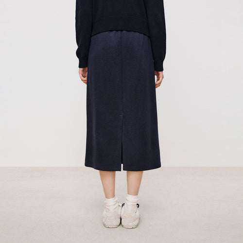 Navy Fleece Slit Maxi Skirt