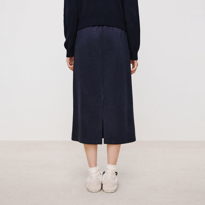 Navy Fleece Slit Maxi Skirt