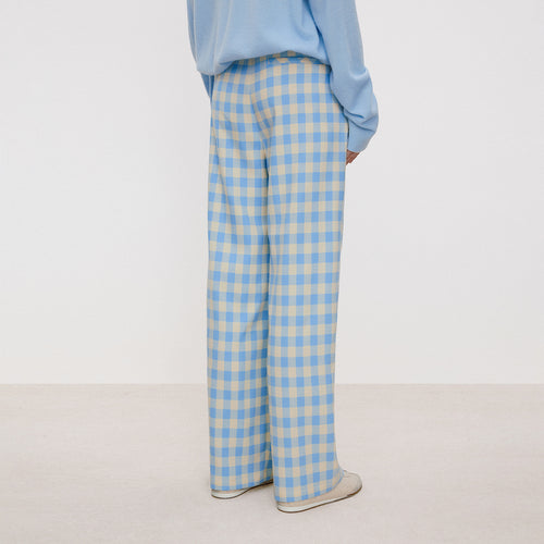 Blue & White Plaid Pleated Pants