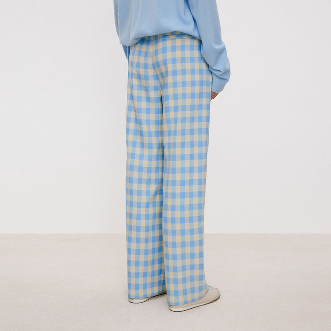 Blue & White Plaid Pleated Pants