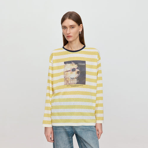 Yellow & White Striped Relaxed Shirt with Yorkie Print