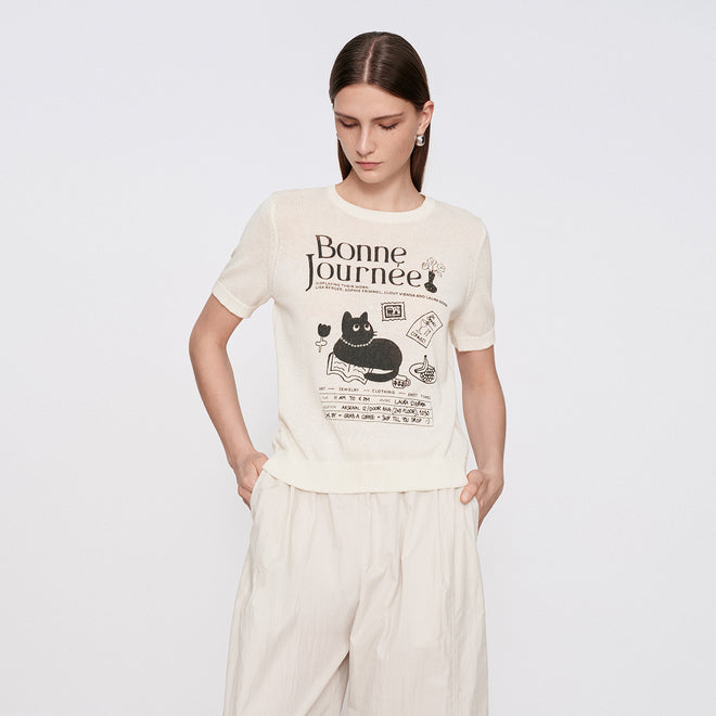Elegant Cat Short-Sleeve Knit Top