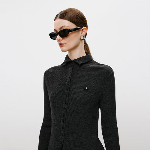 Dark Grey Fitted Stand-Collar Cardigan