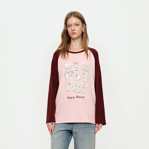 Cute Cat Diary Color Blocked Tee Shirt