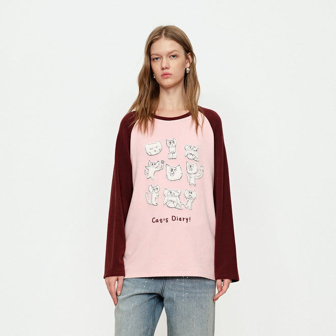 Cute Cat Diary Color Blocked Tee Shirt