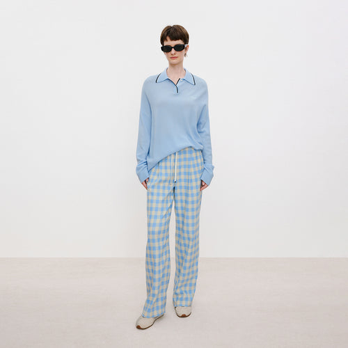 Blue & White Plaid Pleated Pants