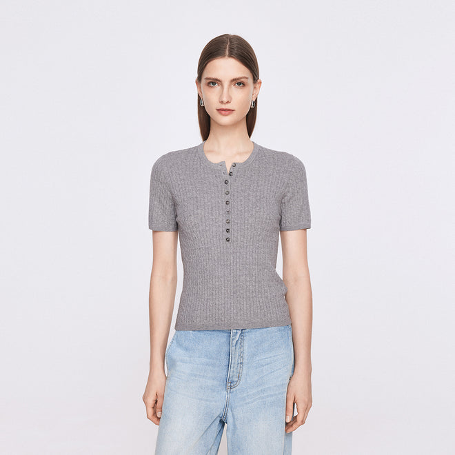 Vintage Cable Knit Cotton Top-Gray