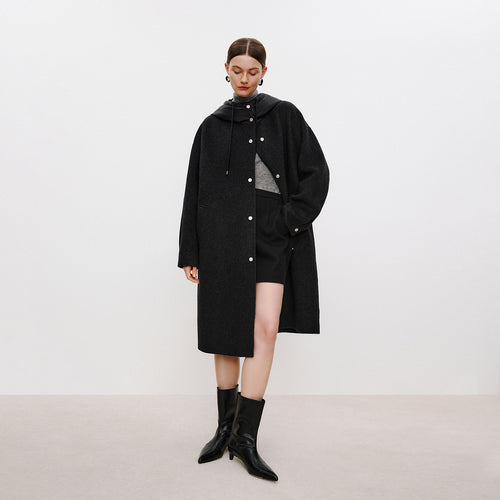 Dark Chocolate Poster Hooded Double-Faced Wool Coat