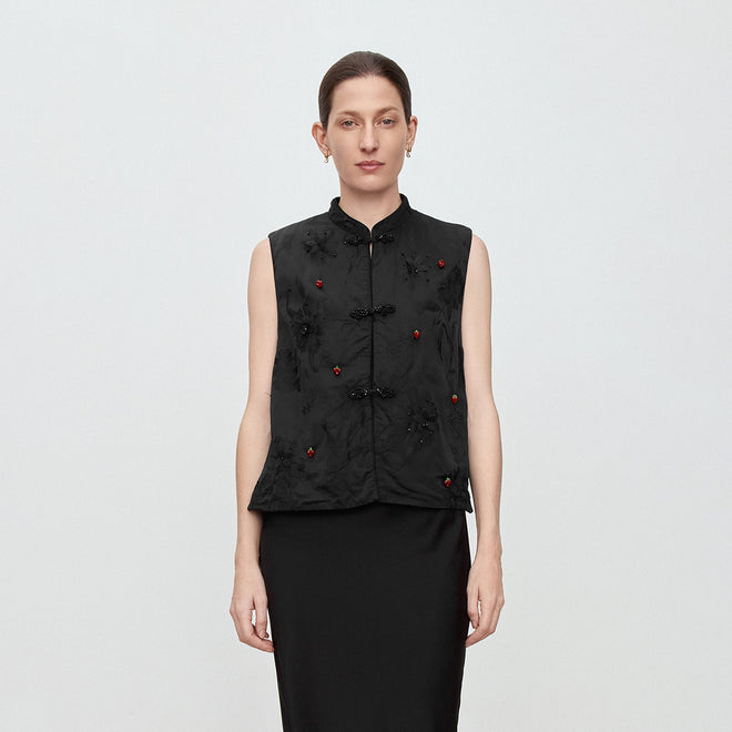 Ink-Wash Floral Motif Quilted Vest