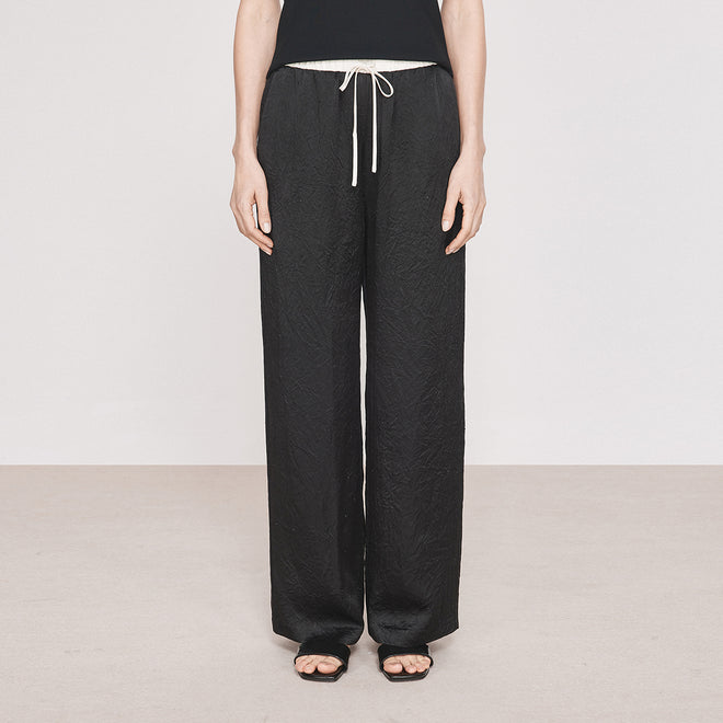 Contrast-Waist Subtle Wrinkle Acetate Pants