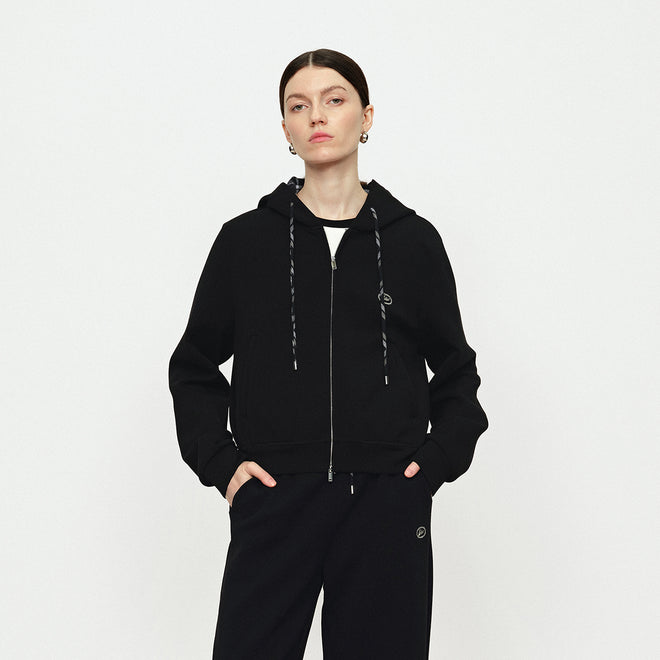 Grid Splicing Short Hooded Zipper Sweatshirt